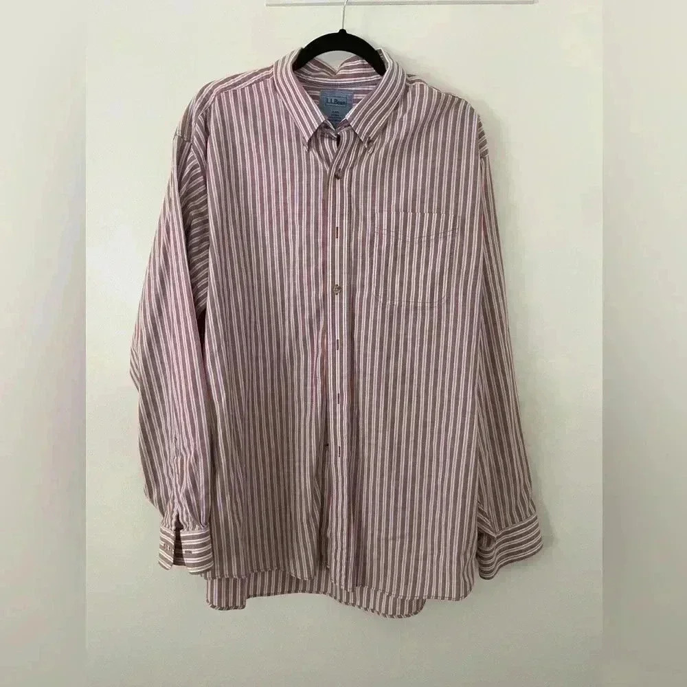 LL Bean Mens Red Striped Button Down Shirt XL 100% Cotton
